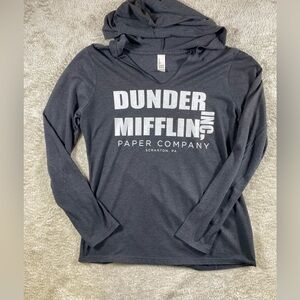Dunder Mifflin Women’s Black Long sleeve Hooded Tee Shirt Small Used # 64